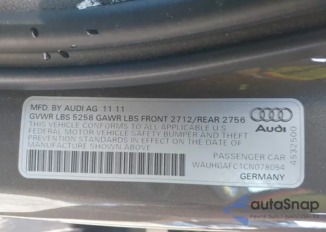 2012 Audi A6 3.0 Premium z USA, uszkodzony, nr VIN WAUHGAFC1CN078054